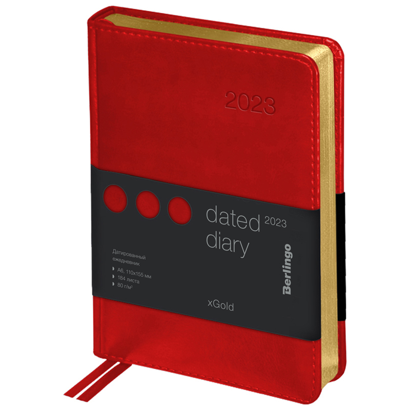 Ежедневник датированный 2023г., А6, 184л., кожзам, Berlingo "xGold", зол. срез, красный