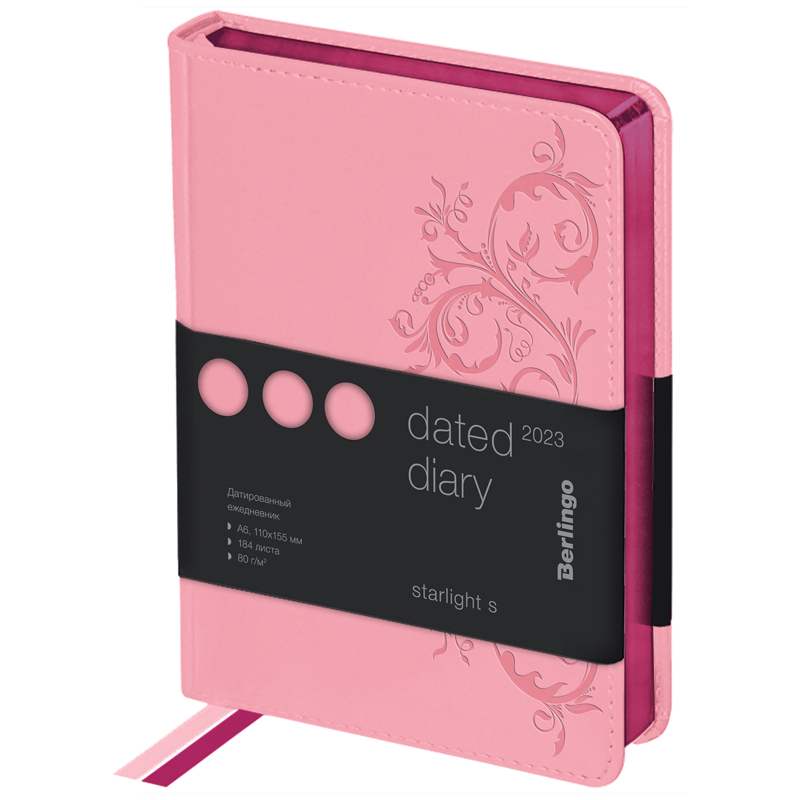 Ежедневник датированный 2023г., А6, 184л., кожзам, Berlingo "Starlight S", металлик срез, розовый