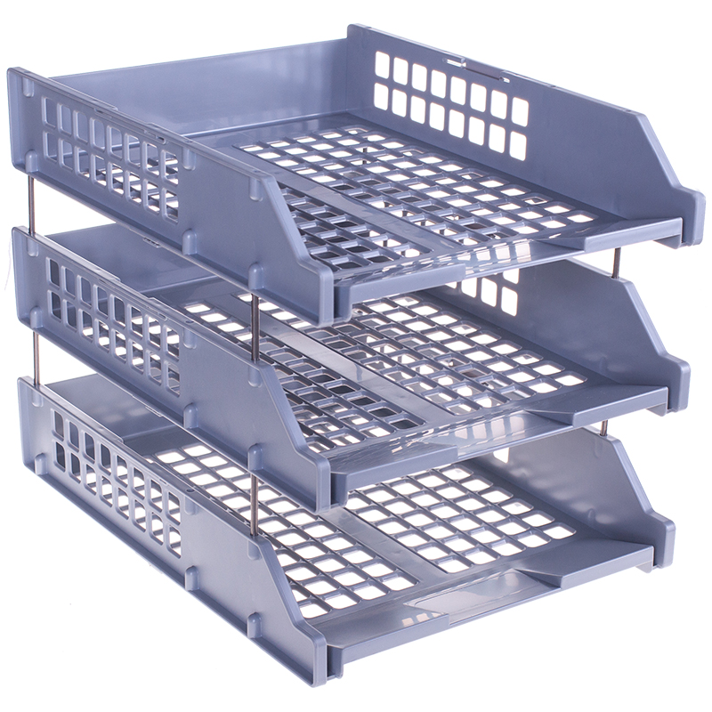 Лоток для бумаг горизонтальный СТАММ "Strong", набор 3шт., на метал. стержнях, серый