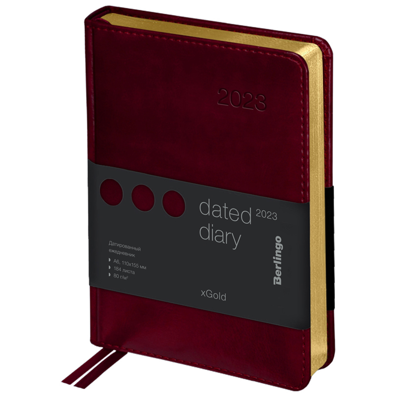 Ежедневник датированный 2023г., А6, 184л., кожзам, Berlingo "xGold", зол. срез, бордовый