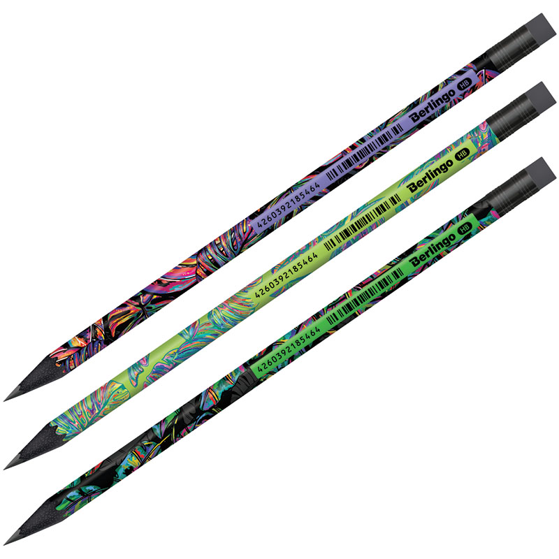 Карандаш ч/г Berlingo "Neon Paradise" HB, черное дерево, круглый, заточен., с ластиком, ассорти