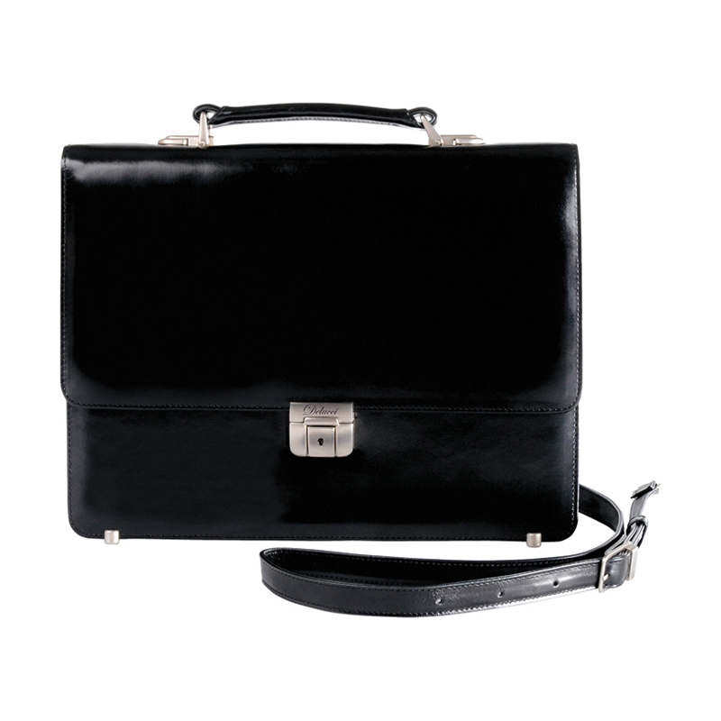 Портфель Delucci "Калипсо", кожа, черный, 1 отделение, метал. замок, с ремнем