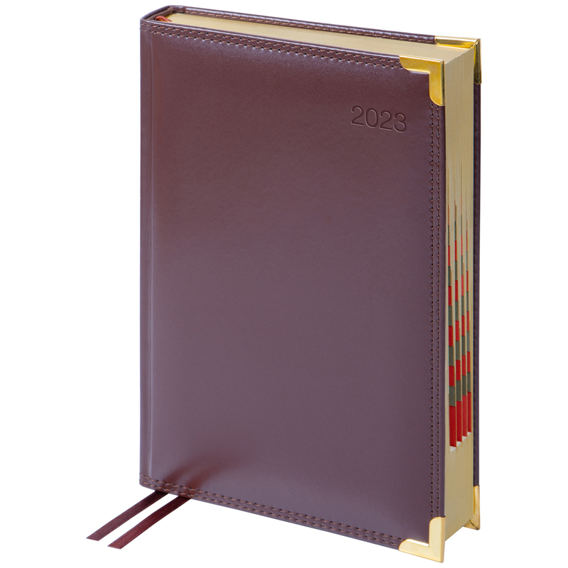 Ежедневник датированный 2023г., А5, 184л.,  кожа, Delucci, гладкая кожа, зол. срез, коричневый