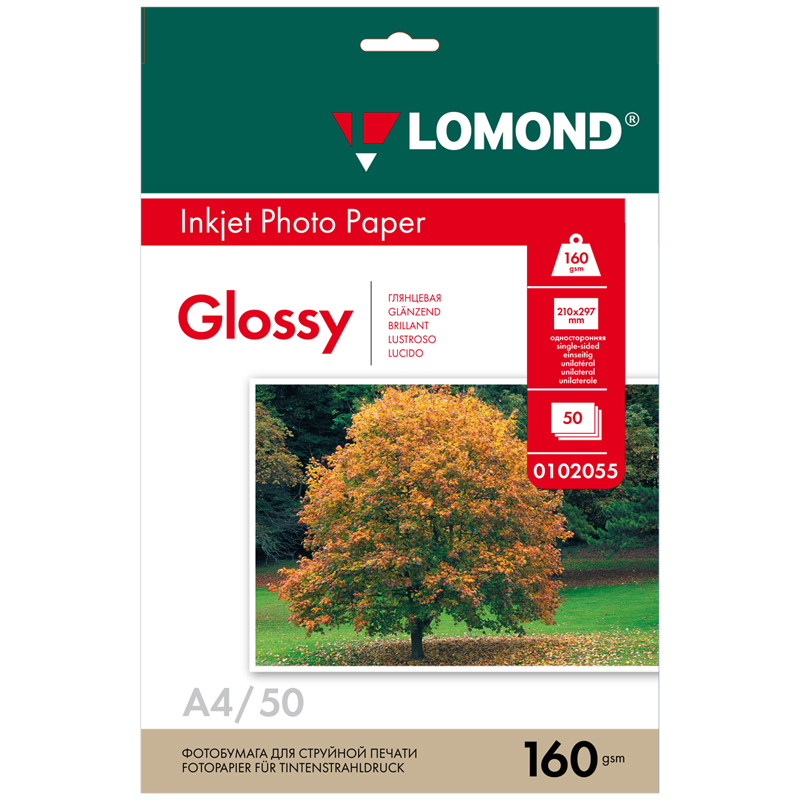 Фотобумага А4 для стр. принтеров Lomond, 160г/м2 (50л) глянцевая односторонняя