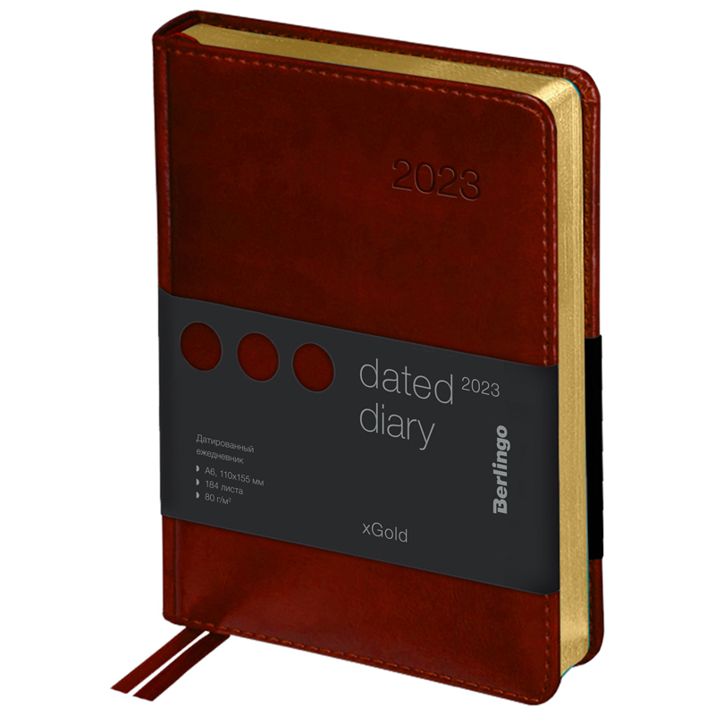 Ежедневник датированный 2023г., А6, 184л., кожзам, Berlingo "xGold", зол. срез, коричневый