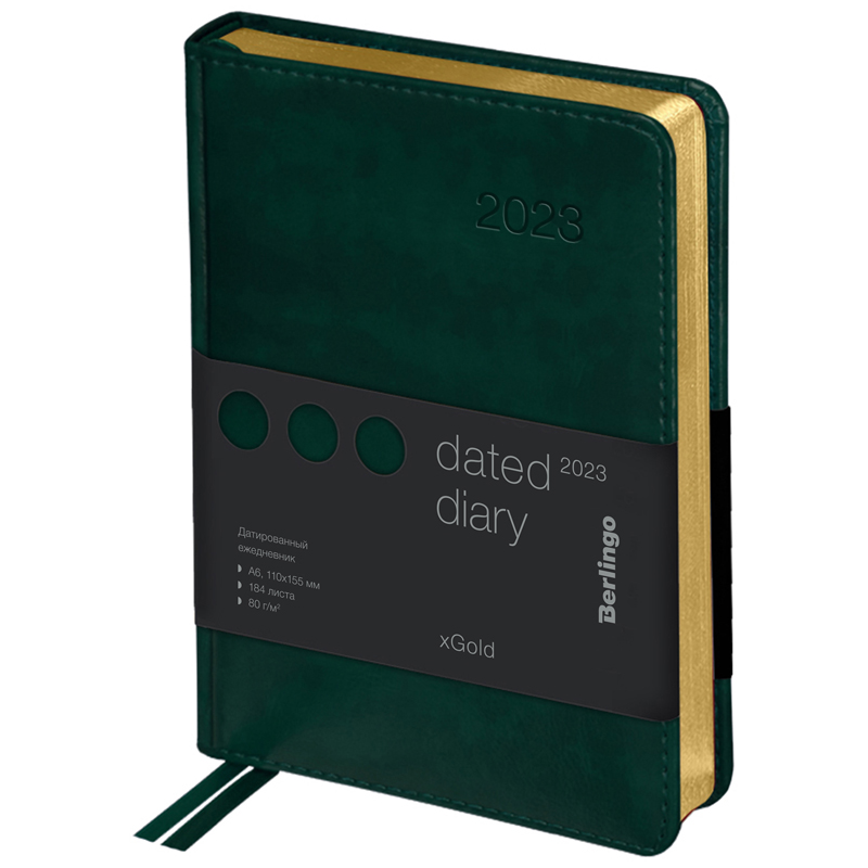 Ежедневник датированный 2023г., А6, 184л., кожзам, Berlingo "xGold", зол. срез, зеленый