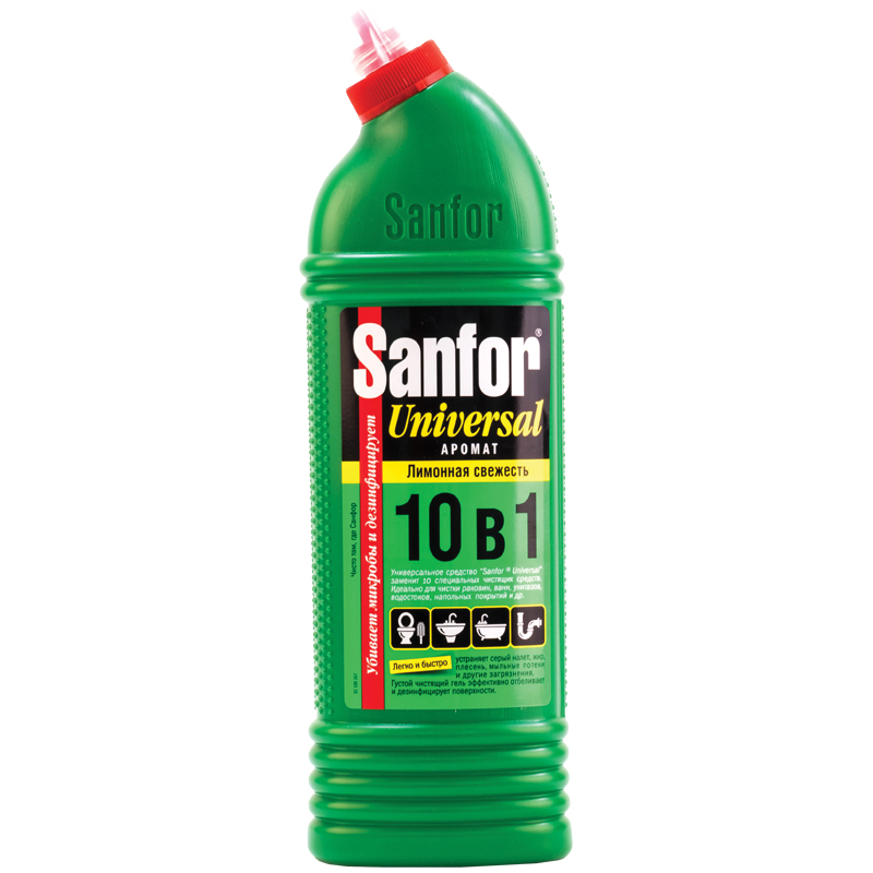 Чистящее средство для сантехники Sanfor "Universal 10в 1. Лимонная свежесть", гель с хлором, 1л