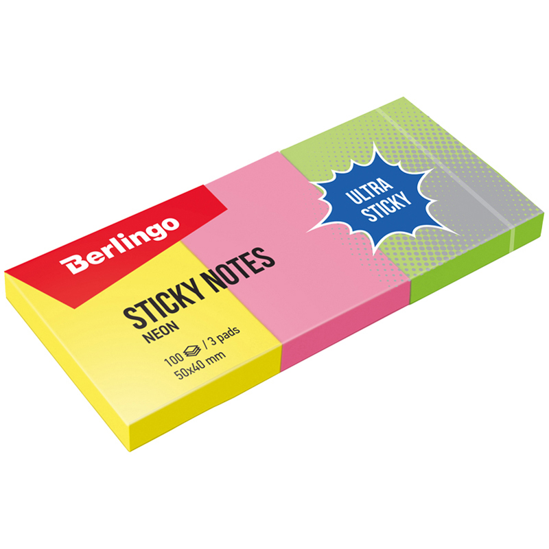 Самоклеящийся блок Berlingo "Ultra Sticky", 50*40мм, 3 блока по 100л, 3 неоновых цвета