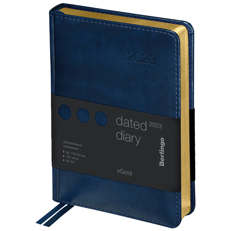 Ежедневник датированный 2023г., А6, 184л., кожзам, Berlingo "xGold", зол. срез, синий