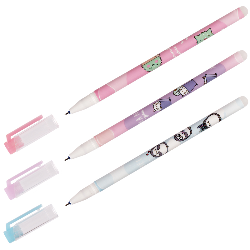 Ручка гелевая стираемая MESHU "Meow Friends" синяя, 0,5мм, корпус ассорти