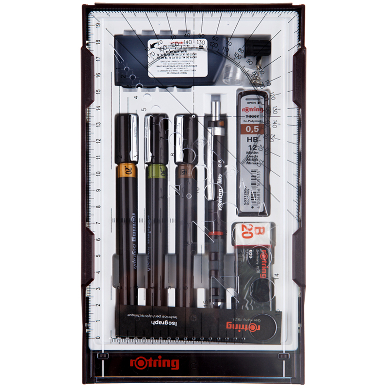 Набор изографов Rotring 0,2/0,3/0,5мм, мех. карандаш 0,5мм, грифели, ластик, насадка для циркуля