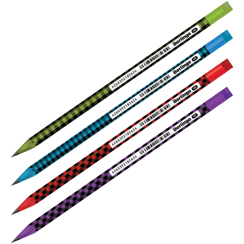 Карандаш ч/г Berlingo "Squares", круглый, с ластиком, заточен., пластиковый, ассорти