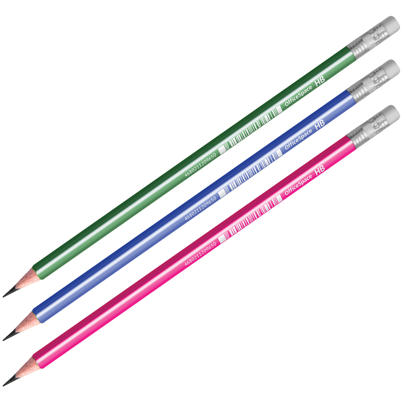 Карандаш ч/г OfficeSpace, HB, трехгранный, заточен., пластиковый, с ластиком, корпус ассорти с полоской