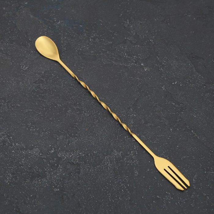 Ложка барная с вилкой, 32,5 см, цвет золото