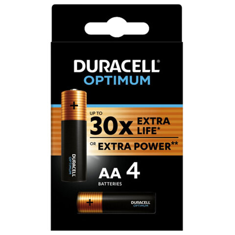 Батарейки КОМПЛЕКТ 4шт DURACELL Optimum AA(LR6,15А), х30 мощность, алкалин, пальчиковые, (ш/к 8696), 5014061