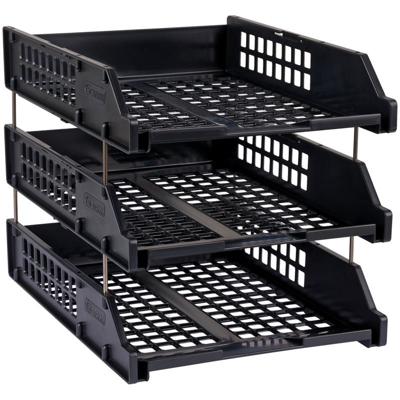 Лоток для бумаг горизонтальный СТАММ "Strong", набор 3шт., на метал. стержнях, черный