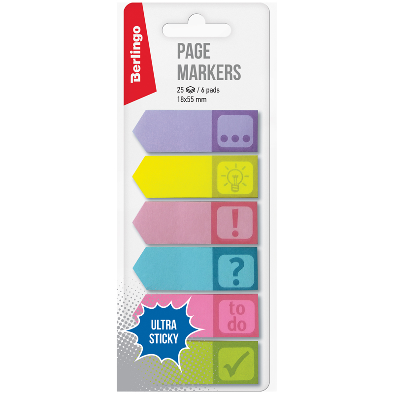 Флажки-закладки Berlingo "Ultra Sticky", 18*55мм, бумажные, стрелки, со значками, 25л*6 цветов