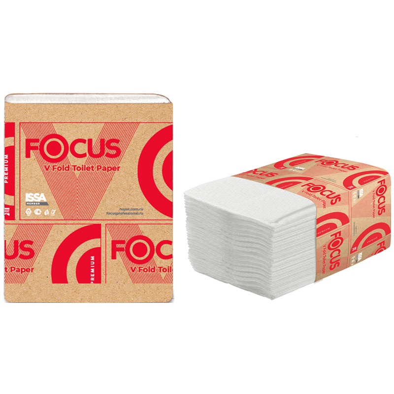 Бумага туалетная листовая Focus Premium (V-сл) 2-слойная, 250лист/пач, 23*10,8 см, белая