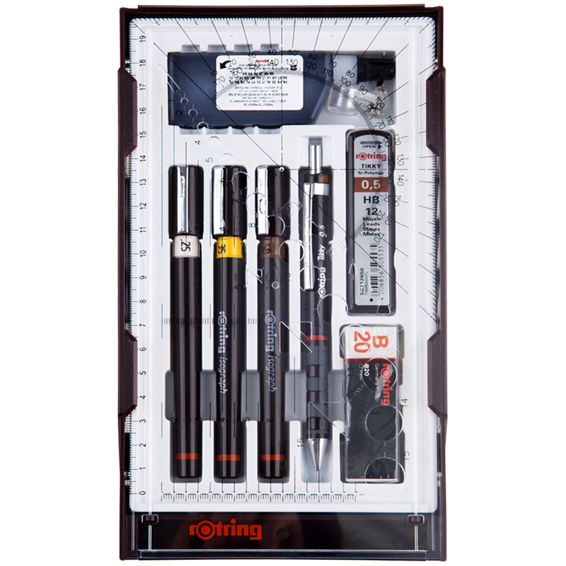 Набор изографов Rotring 0,25/0,35/0,5мм, мех. карандаш 0,5мм, грифели, ластик, насадка для циркуля