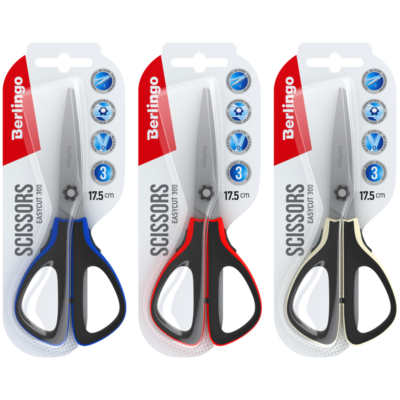Ножницы Berlingo "Easycut 300", 17,5см, ассорти, мягкие вставки, европодвес