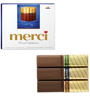 Конфеты шоколадные MERCI (Мерси), ассорти из молочного шоколада, 250 г, картонная коробка, 015416-00/35/49