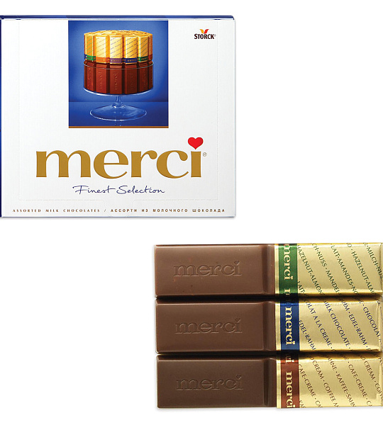 Конфеты шоколадные MERCI (Мерси), ассорти из молочного шоколада, 250 г, картонная коробка, 015416-00/35/49