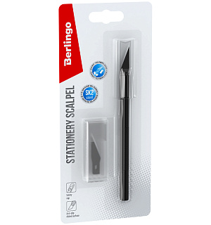 Нож-скальпель канцелярский Berlingo, металлический корпус черного цвета, 5 лезвий в комплекте, европодвес