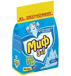 Порошок для машинной стирки Миф 3в1 "Морозная свежесть", 4кг