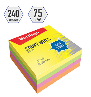 Самоклеящийся блок Berlingo "Ultra Sticky", 50*50мм, 240л, 4 неоновых цвета