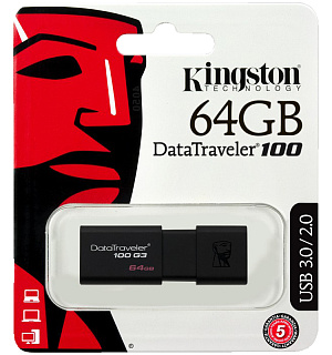 Память Kingston "DT100G3"  64GB, USB 3.0 Flash Drive, черный