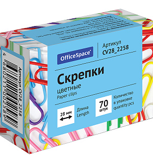 Скрепки 28мм, OfficeSpace, 70шт., цветные, карт. упаковка