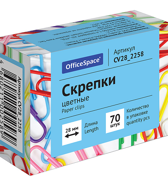 Скрепки 28мм, OfficeSpace, 70шт., цветные, карт. упаковка
