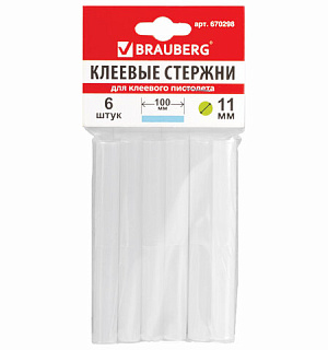 Клеевые стержни, диаметр 11 мм, длина 100 мм, белые, комплект 6 штук, BRAUBERG, европодвес, 670298