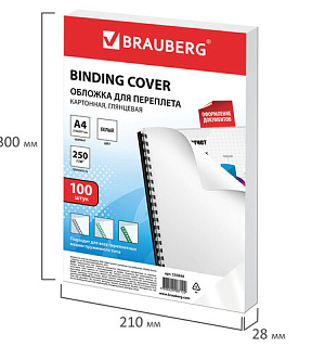 Обложки картонные для переплета, А4, КОМПЛЕКТ 100 шт., глянцевые, 250 г/м2, белые, BRAUBERG, 530840
