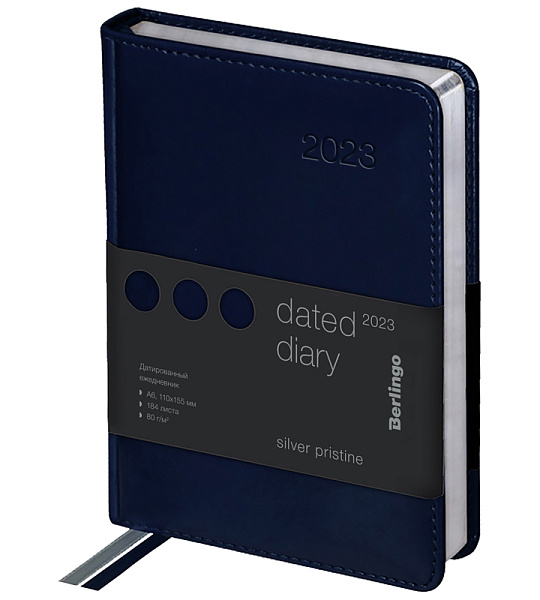 Ежедневник датированный 2023г., А6, 184л., кожзам, Berlingo "Silver Pristine", сер. срез, синий