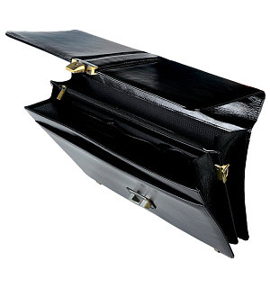 Портфель Delucci "Стефано", кожа, черный, 2 отделения, метал. замок, с ремнем