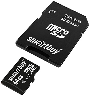 Карта памяти SmartBuy MicroSDXC 64GB UHS-1, Class 10, скорость чтения 10Мб/сек (с адаптером SD)