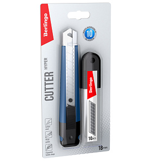 Нож канцелярский 18 мм Berlingo "Hyper" + лезвия сменные 10шт, синий, европодвес