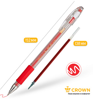 Ручка гелевая Crown "Hi-Jell Grip" красная, 0,5мм, грип