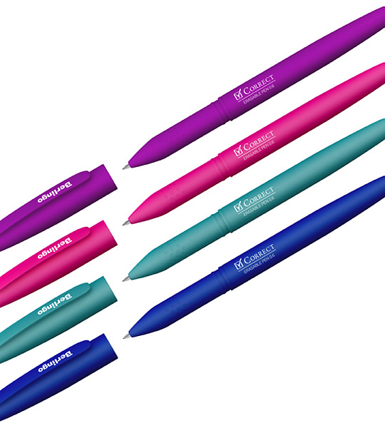 Ручка гелевая стираемая Berlingo "Correct" синяя, 0,6мм, прорезин. корпус, корпус ассорти