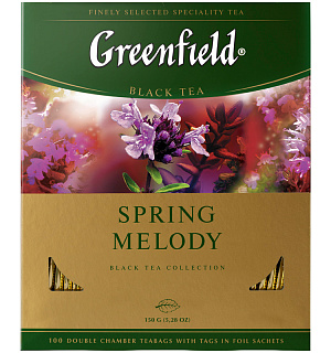 Чай Greenfield "Spring Melody", черный, с ароматом мяты, чабреца, 100 фольг. пакетиков по 1,5г