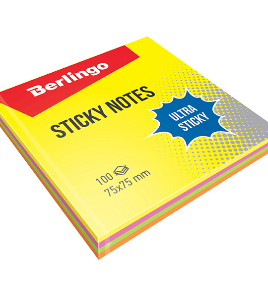 Самоклеящийся блок Berlingo "Ultra Sticky", 75*75мм, 100л, 4 неоновых цвета