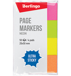 Флажки-закладки Berlingo "Ultra Sticky", 20*50мм, 50л*4 неоновых цвета