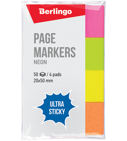 Флажки-закладки Berlingo "Ultra Sticky", 20*50мм, 50л*4 неоновых цвета