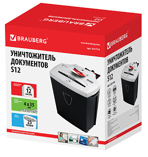 Уничтожитель (шредер) BRAUBERG S12, 4 уровень секретности, фрагменты 4х35 мм, 12 листов, 25 л, 531774
