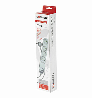 Сетевой фильтр SONNEN DX04, 4 розетки, 2 USB-порта, с заземлением, 10 А, 1,5 м, серый, 513493