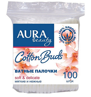 Палочки ватные AURA п/э пакет 100шт.1646/6470/6783
