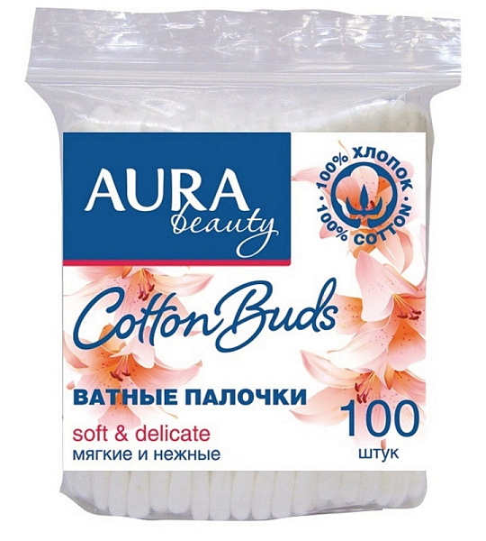 Палочки ватные AURA п/э пакет 100шт.1646/6470/6783