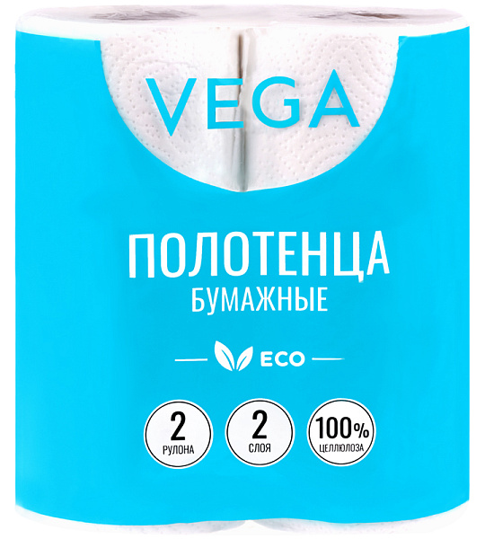 Полотенца бумажные в рулонах Vega, 2-слойные, 12м/рул, белые, 2шт.