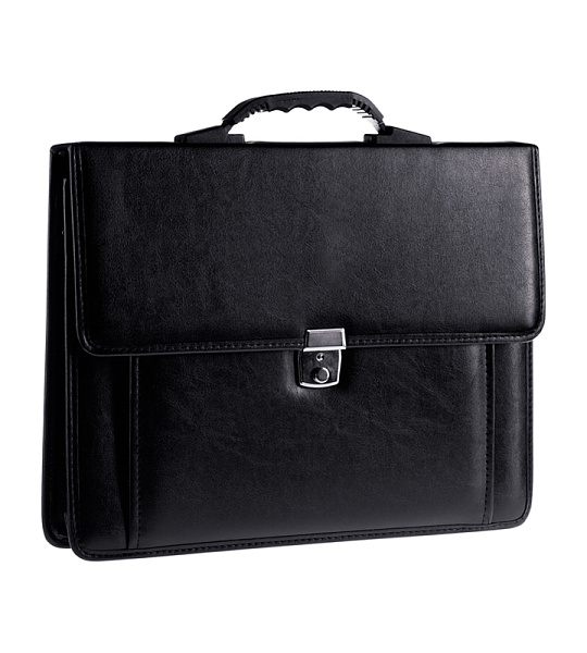 Портфель OfficeSpace "Rotterdam", люкс кожзам, черный, 3 отделения, метал. замок, с ремнем